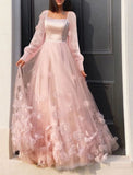 A-Line Prom Dresses Maxi Dress Floor Length Long Sleeves Tulle with Appliques 22th Birthday Outfits HZ1022