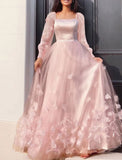 A-Line Prom Dresses Maxi Dress Floor Length Long Sleeves Tulle with Appliques 22th Birthday Outfits HZ1022