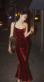 Beautiful Spaghetti Strap Evening Party Dress Red Velvet Prom Dresses HZ1022