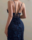 Vintage Mermaid Straps Birthday Party Dresses Navy Blue Lace Prom Dresses HZ1022