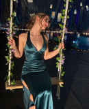 Vintage Mermaid Birthday Party Dresses Navy Blue Long Slit Prom Dresses HZ1022