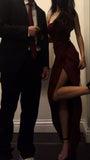 Sexy Mermaid Straps Burgundy Party Dresses Slit Long Backless Prom Dresses HZ1022