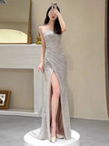 Simple Mermaid Sequin Party Dresses Long Slit Prom Dresses HZ1022