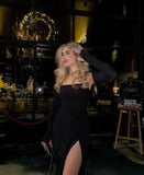 Sexy Sheath Black Prom Dress Sequin Slit 22th Birthday Outfits With Gloves HZ1022
