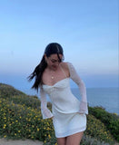 17th Birthday Dresses Long Puff Sleeve Mini Bodycon Mesh Dress Split Hem Sexy Birthday Outfits HZ1022