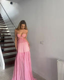 A line Pink Backless Evening Party Dress Long Pink Prom Dress HZ1022