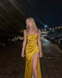 Sexy Mermaid Silk Satin Straps Evening Party Dress Long Yellow Prom Dress HZ1022