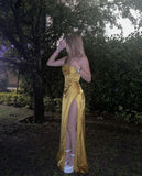 Sexy Mermaid Silk Satin Straps Evening Party Dress Long Yellow Prom Dress HZ1022