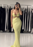 Sexy Mermaid Silk Satin Straps Evening Party Dress Yellow Prom Dress HZ1022