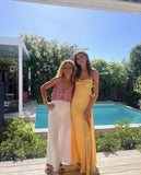 Sexy A line Spaghetti Straps Yellow Party Dress Slit Prom Dress HZ1022