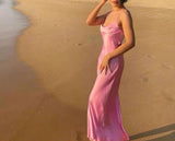Simple A line Straps Sleeveless Party Dress Silk Satin Pink Prom Dress HZ1022