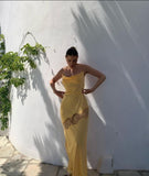 Sexy Mermaid Spaghetti Straps Yellow Party Dress Backless Prom Dress HZ1022
