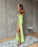 Sexy A line Straps Sage Green Party Dress Slit Prom Dress HZ1022