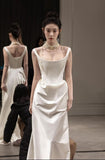 Vintage Mermaid Straps Sleeveless Satin Ivory Wedding Dresses HZ1022
