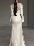 Mermaid Plain Spliced Off shoulder Satin Elegant Long Sleeve Wedding Dress HZ1022