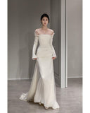 Mermaid Plain Spliced Off shoulder Satin Elegant Long Sleeve Wedding Dress HZ1022