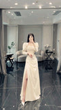 Mermaid Square Neckline Satin Elegant Long Sleeves Slit Wedding Dress HZ1022