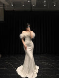 Mermaid Long Champagne Prom Dress Sequin Off The Shoulder Evening Dress With Feather HZ1022