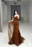 Mermaid Long Prom Dress Strapless Brown Satin Evening Dress HZ1022