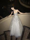 Ball Gown Long Prom Dress Straps Sequin Silver Evening Dress HZ1022