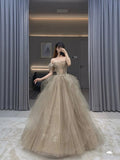 Ball Gown Off The Shoulder Long Prom Dress Tulle Evening Dress HZ1022