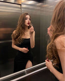 Sexy Black Long Prom Dress Slit Velvet Evening Dress HZ1022