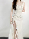Sexy A line Long Prom Dress Slit White Evening Dress HZ1022