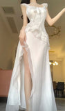 Sexy A line Long Prom Dress Slit White Evening Dress HZ1022