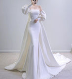 Vintage Mermaid Strapless Long Sleeves White Satin Wedding Dresses HZ1022