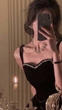 Elegant Spaghetti Strap Velvet Vintage Black Dress Women Birthday Outfits HZ1022