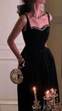 Elegant Spaghetti Strap Velvet Vintage Black Dress Women Birthday Outfits HZ1022