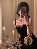 Elegant Spaghetti Strap Velvet Vintage Black Dress Women Birthday Outfits HZ1022