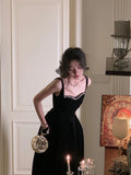 Elegant Spaghetti Strap Velvet Vintage Black Dress Women Birthday Outfits HZ1022