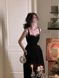 Elegant Spaghetti Strap Velvet Vintage Black Dress Women Birthday Outfits HZ1022