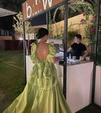 Glamorous Ball Gown Straps Backless Sage Green Long Prom Dress HZ1022
