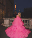 Sexy High Low Pink Tulle Strapless Long Prom Dress HZ1022