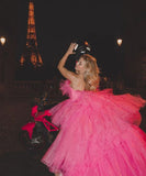 Sexy High Low Pink Tulle Strapless Long Prom Dress HZ1022