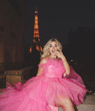 Sexy High Low Pink Tulle Strapless Long Prom Dress HZ1022