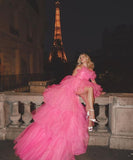 Sexy High Low Pink Tulle Strapless Long Prom Dress HZ1022