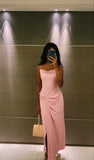 Sexy A line Spaghetti Straps Sleeveless Pink Prom Dress HZ1022