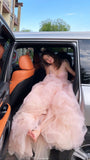 A line Straps Sleeveless Pink Tulle Prom Dress HZ1022