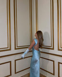 Mermaid Sleeveless Light Sky Blue Satin Prom Dress HZ1022