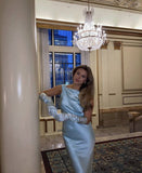 Mermaid Sleeveless Light Sky Blue Satin Prom Dress HZ1022