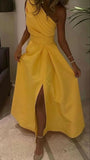 A line Sleeveless One Shoulder Yellow Prom Dress HZ1022