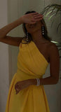 A line Sleeveless One Shoulder Yellow Prom Dress HZ1022