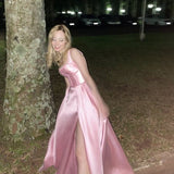 Simple A line Straps Pink Satin Long Prom Dress HZ1022