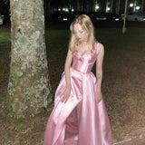 Simple A line Straps Pink Satin Long Prom Dress HZ1022