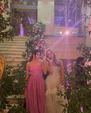 A line Spaghetti Straps Pink Tulle Long Prom Dress HZ1022