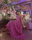 A line Spaghetti Straps Pink Tulle Long Prom Dress HZ1022