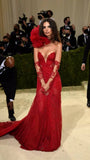 Sexy Mermaid Strapless Long Sleeves Red Lace Long Prom Dress HZ1022